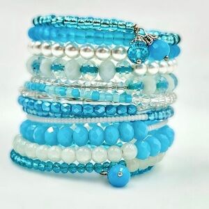 Blue beaded cuff bracelet, pearl bracelet, crystal bracelet, handmade jewelry